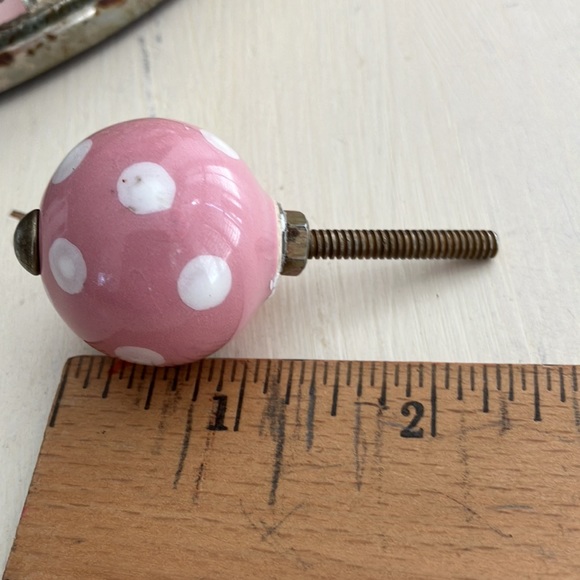Ceramic Drawer Pulls, White Polka Dots on Pink Background. Set of 6 - Picture 3 of 5